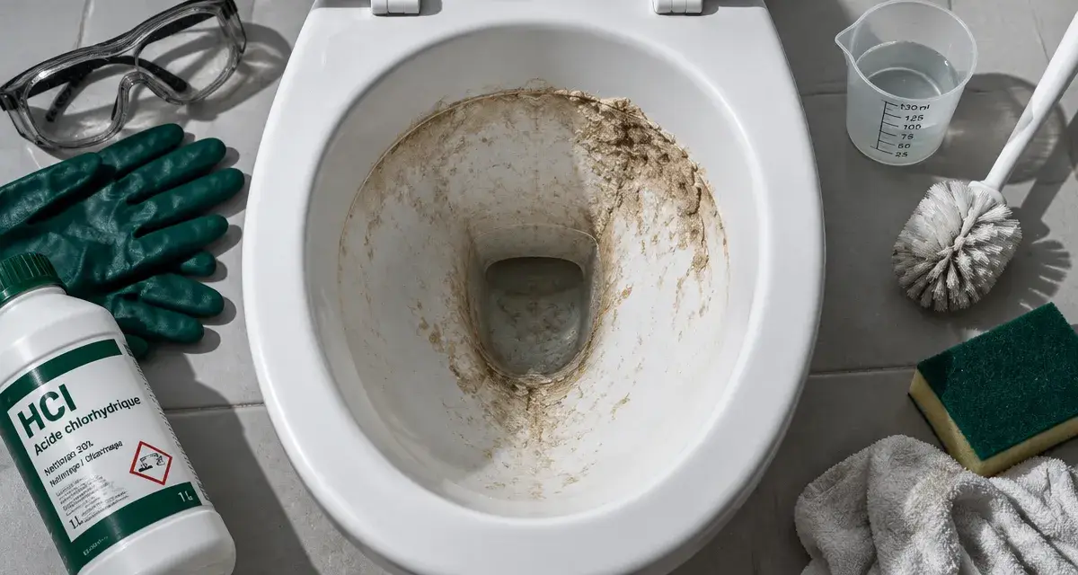 Acide chlorhydrique toilette : détartrage WC, gants et lunettes contre le tartre
