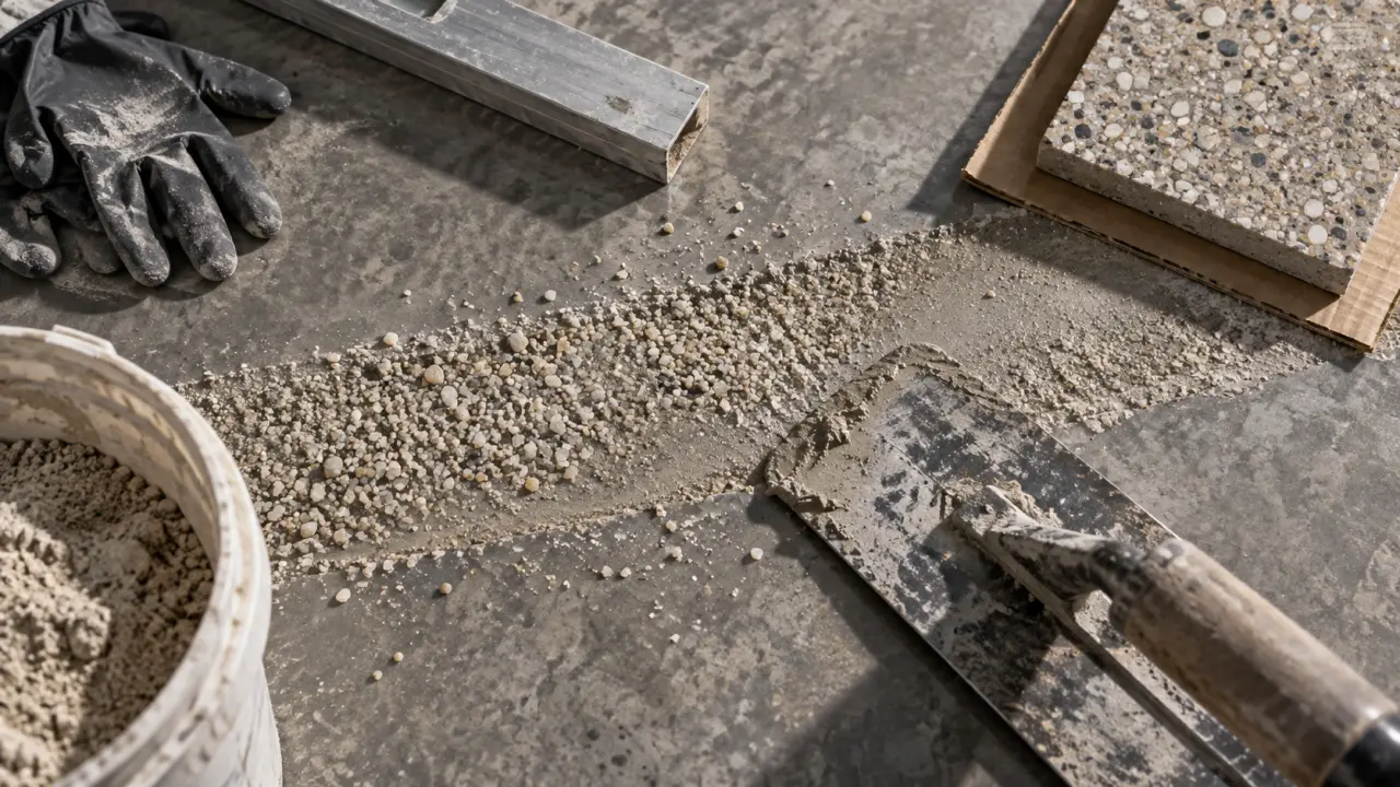 Béton quartz : dalle de béton quartz fraîchement talochée, grains visibles