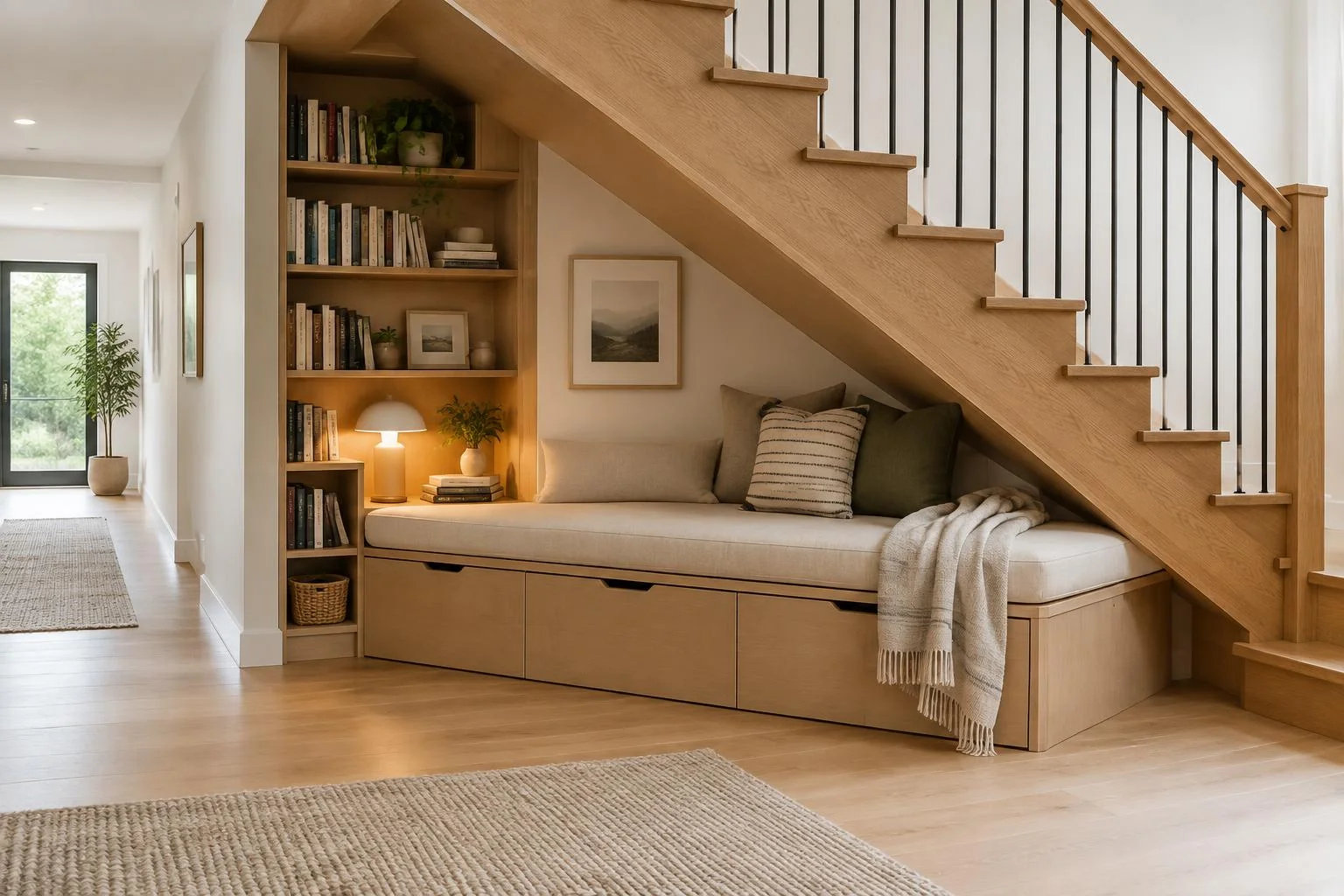 Coin lecture zen sous l’escalier en bois, confortable