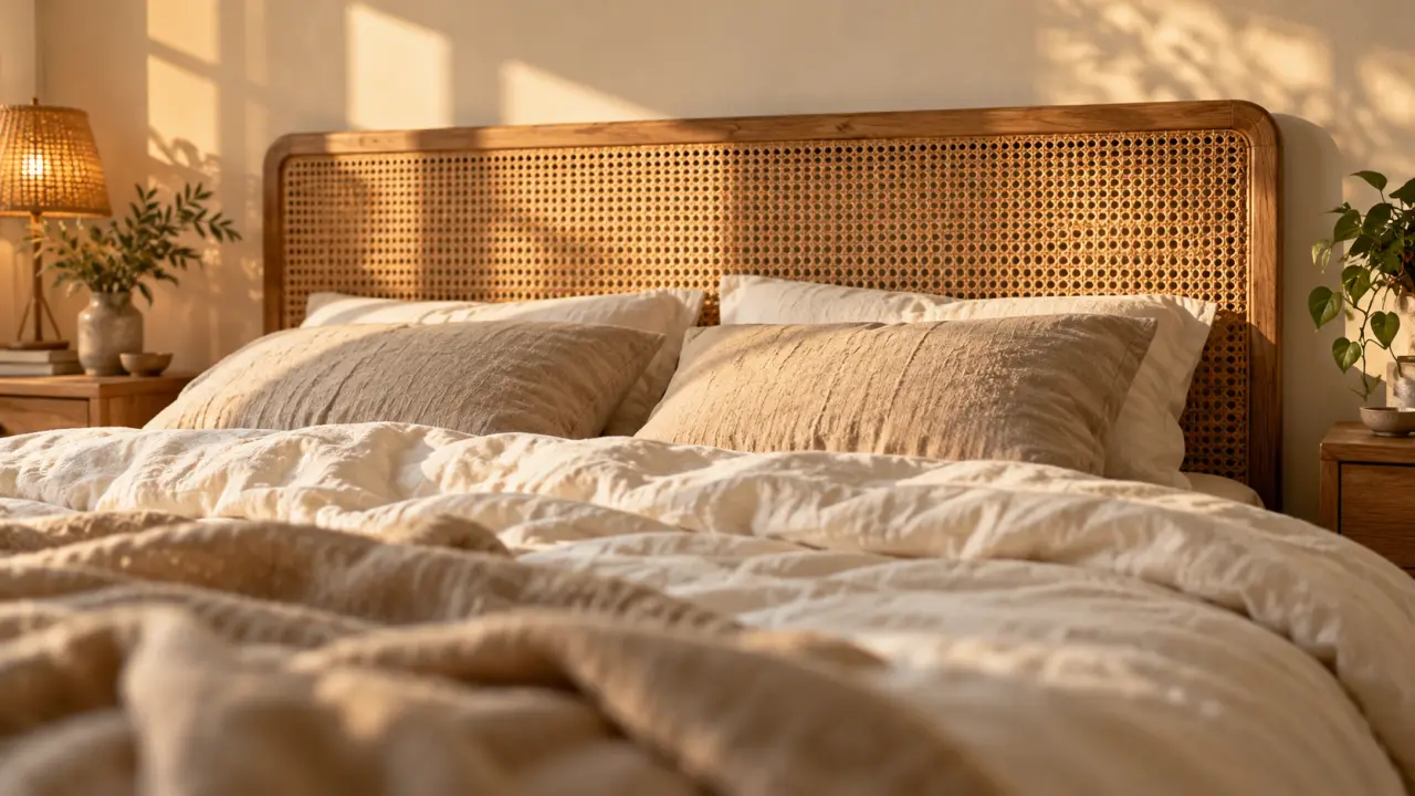 Déco tete de lit en cannage naturel sur mur crème, lit en lin.