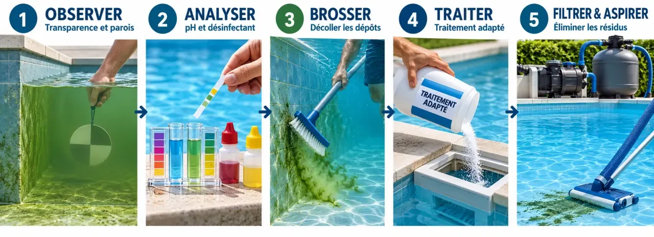 Étapes pour traiter une piscine eau verte, de l’analyse de l’eau à la filtration