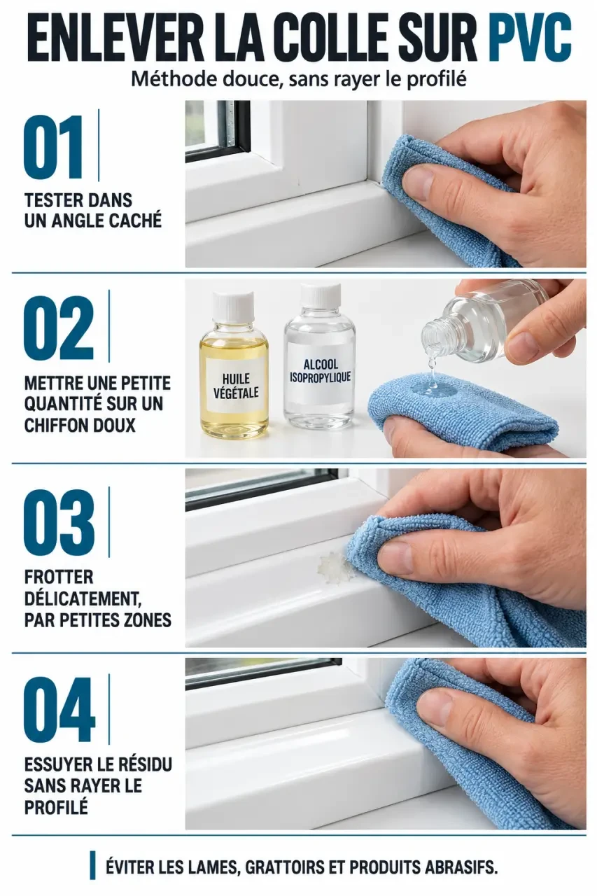 Étapes pour enlever colle sur pvc fenetre avec un chiffon doux et un test préalable