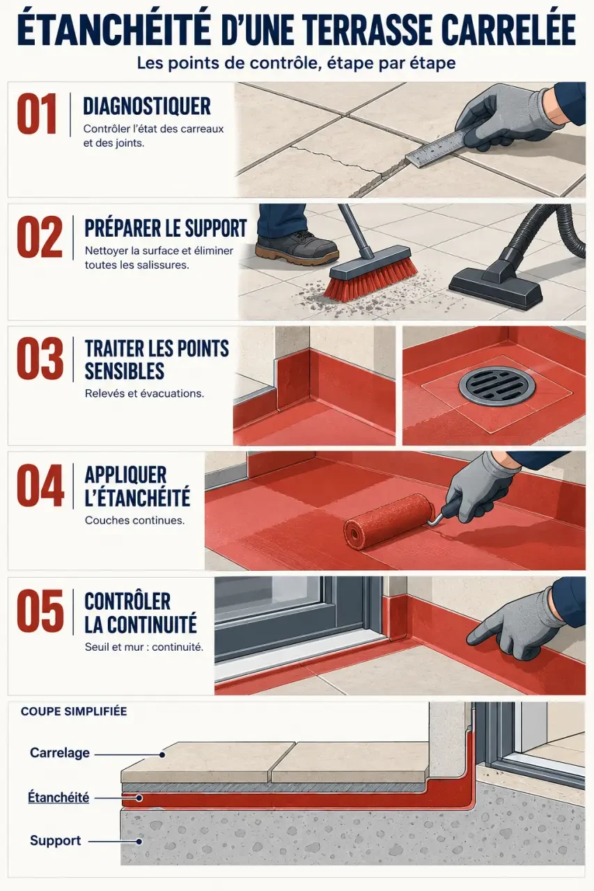 Étapes de l’étanchéité sur carrelage de terrasse, du diagnostic à l’application