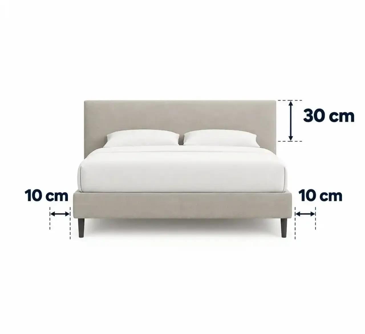 Schéma des dimensions idéales pour une déco de tête de lit : débord de 10 cm et hauteur de 30 cm