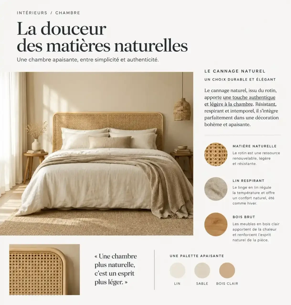 Déco tête de lit en cannage naturel dans une chambre bohème au linge de lin