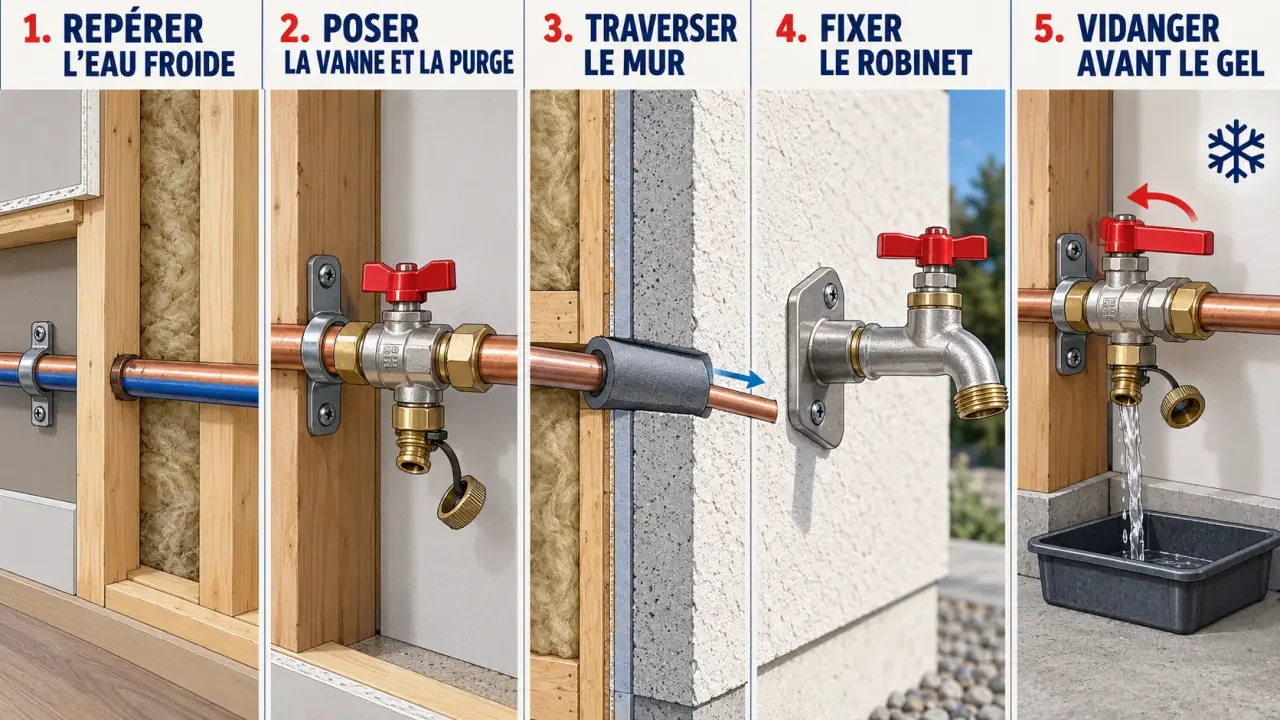 Étapes illustrées pour installer un robinet extérieur avec vanne d’arrêt et purge antigel