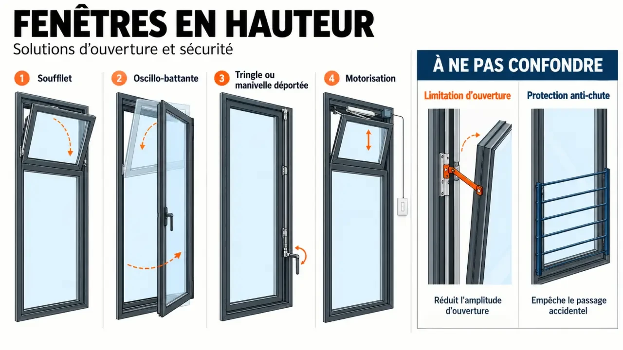 Système d’ouverture de fenêtre en hauteur : solutions de commande et distinction entre limitation d’ouverture et protection anti-chute