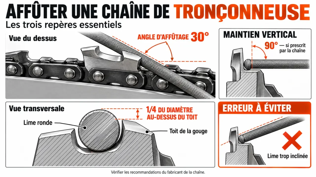 Schéma de l’angle d’affûtage d’une chaîne de tronçonneuse à 30° avec position de la lime