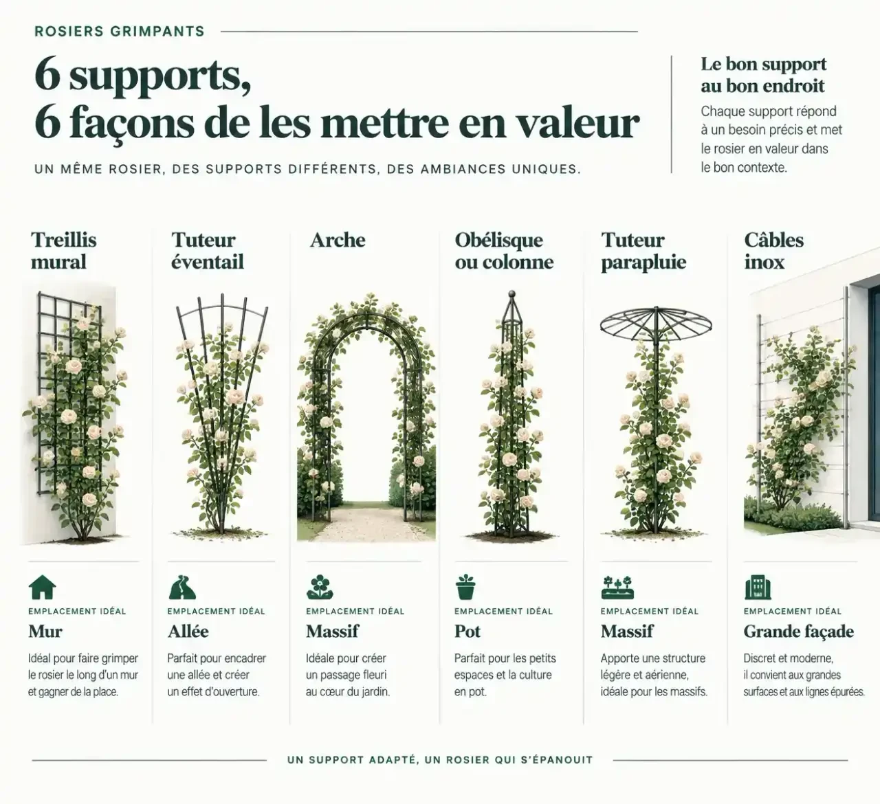 Comparatif visuel des types de support pour rosiers grimpants : treillis, éventail, arche, obélisque, parapluie et câbles selon l'emplacement