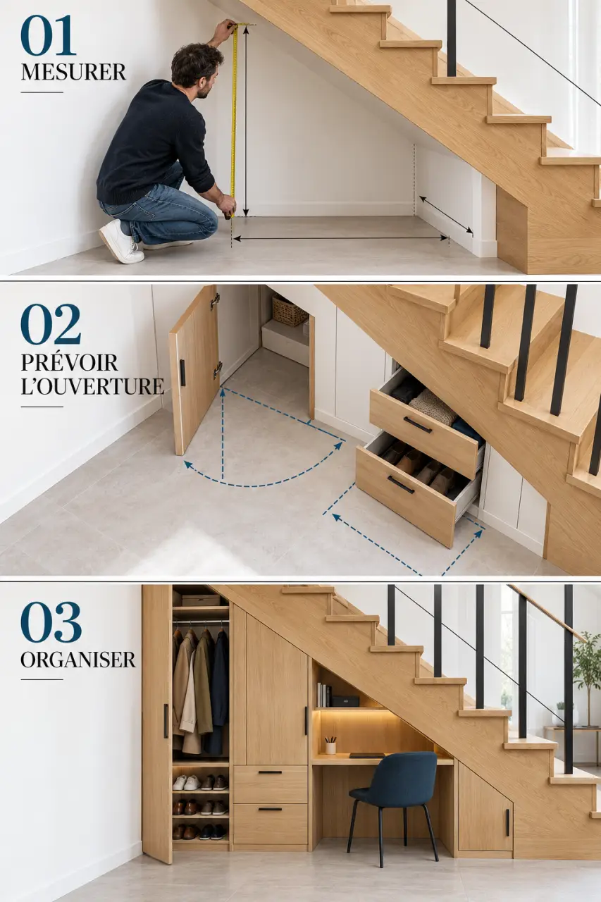 Illustration des étapes pour optimiser l'espace sous un escalier en bois