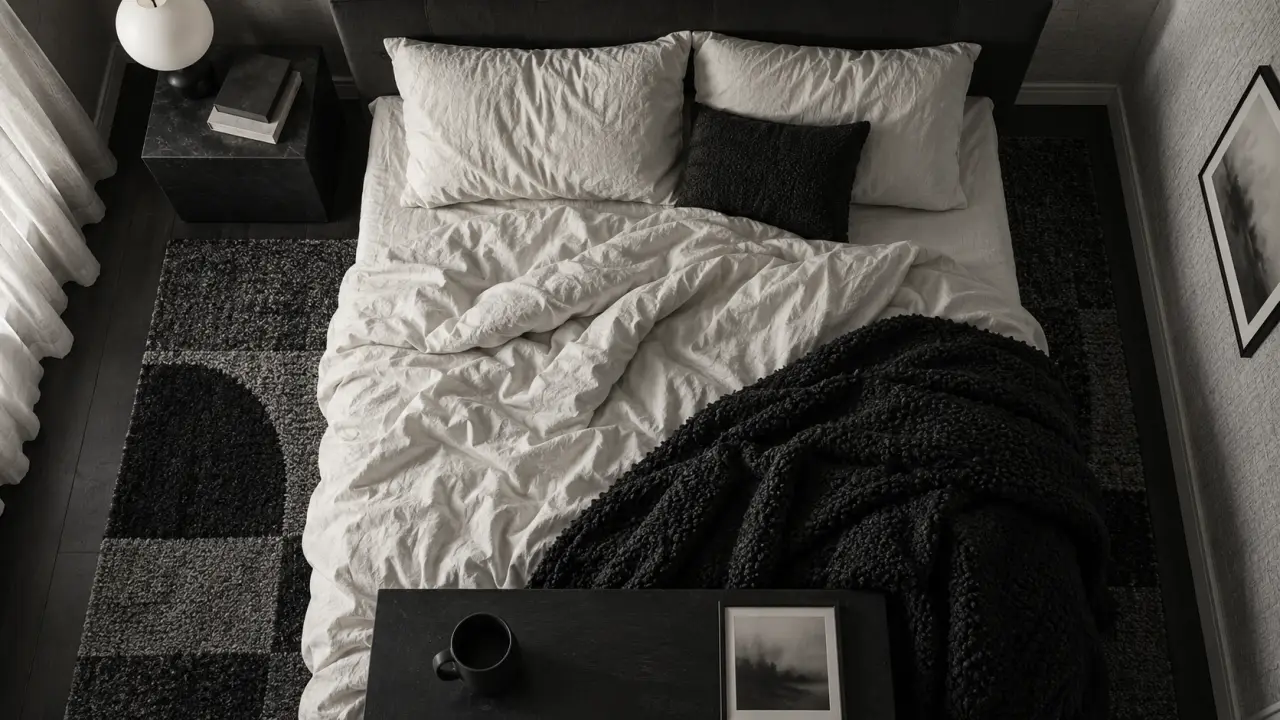 Noir et blanc chambre, lit défait et lampe noire sur fond gris charbon