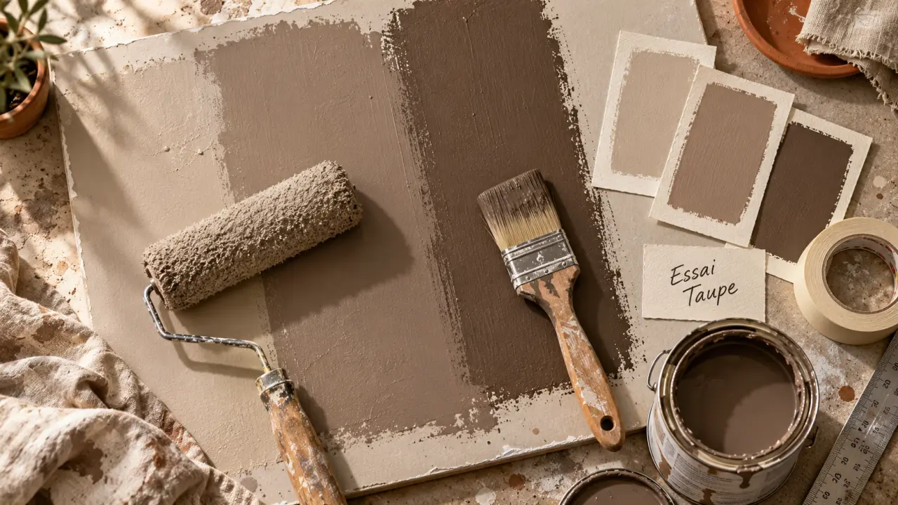 Peinture taupe : échantillons et rouleau sur panneau lumineux