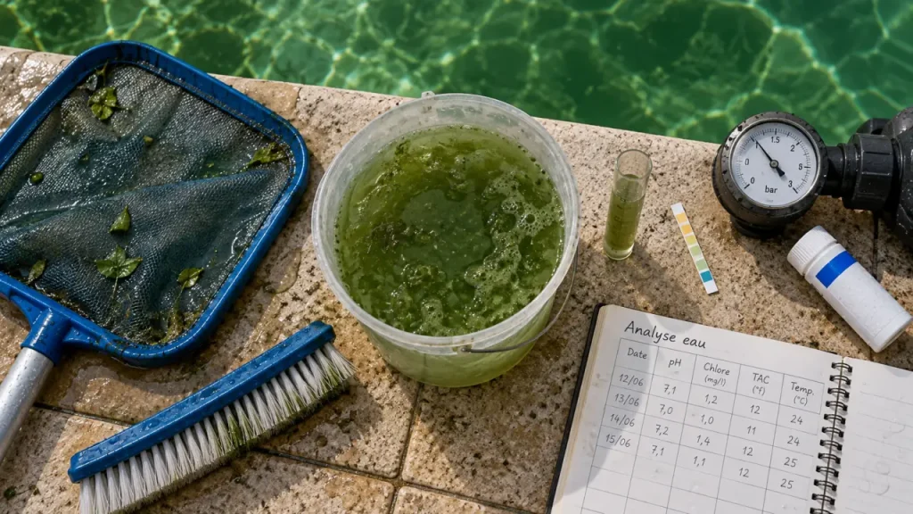 Piscine à l’eau verte : traiter les algues sans multiplier les produits