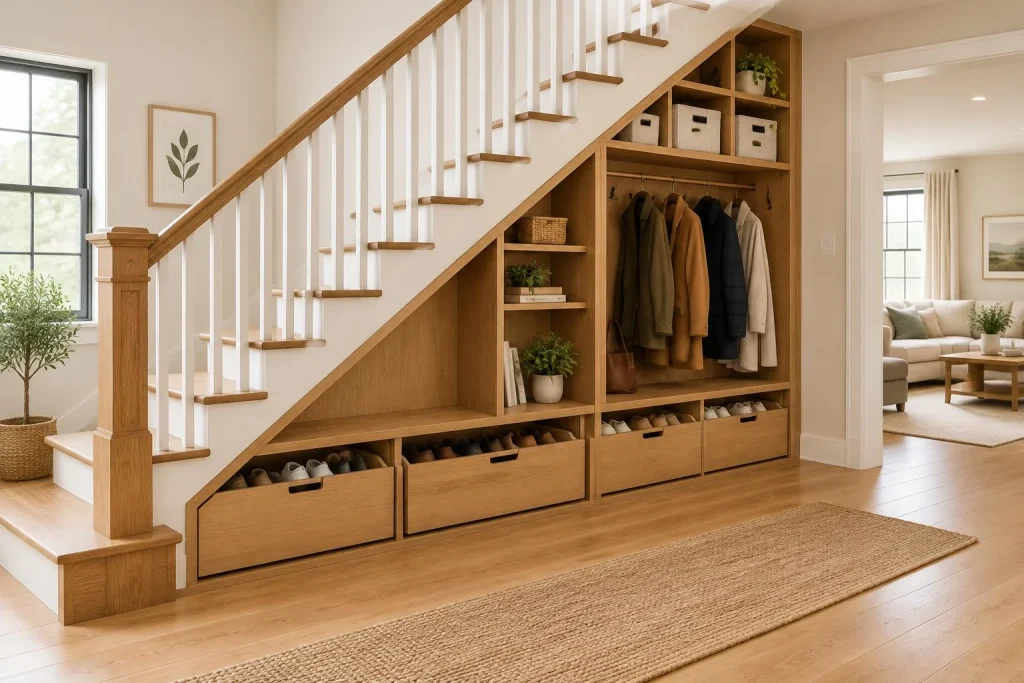 Gagner du rangement sous un escalier en bois sans bloquer le passage