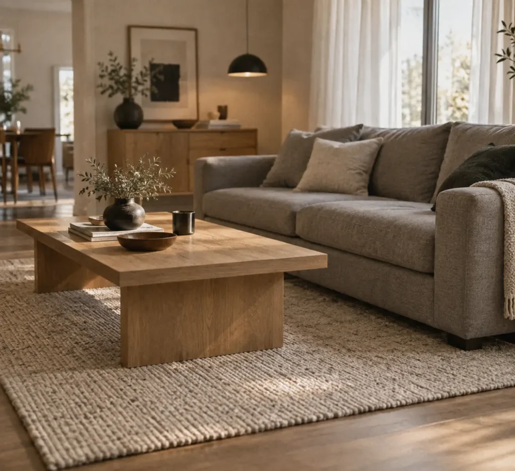 Tapis dans le salon : 30 cm de débord et 3 placements selon votre canapé