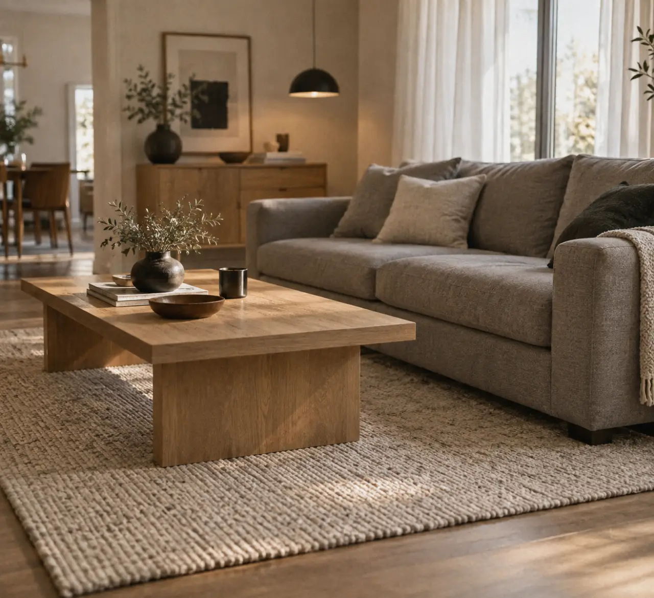 Tapis dans salon avec débord 30 cm sous le canapé