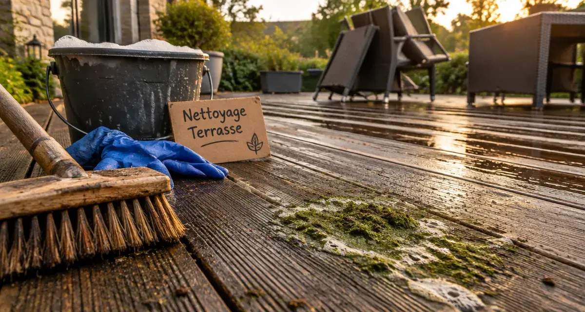 Terrasse nettoyage : balai sur bois sombre, mousse à enlever
